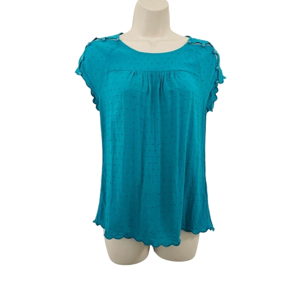 ANTHROPOLOGIE MAEVE Buttoned Shoulder Swiss Dot Blouse Blue Size 0 - Picture 1 of 9